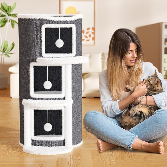 3-Storey Cat Beds for Indoor Cats House, Covered Beds & Furniture with Scratch Pad, Cat Hideaway Cave, Condo with Dangling Fluffy Balls for Multiple Kitten, Grey 15.75X15.75X35.43INCH - Image 5
