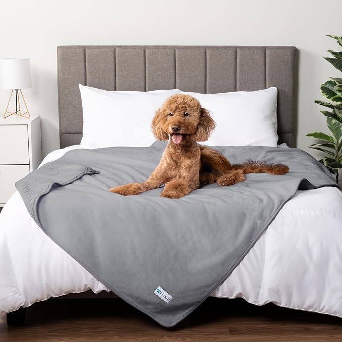 PETAMI Sherpa Fleece Waterproof CAT and Dog Blanket, Light Gray, Queen by PetAmi