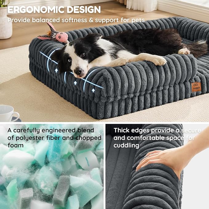 ChiXnuggle Faux Fur Orthopedic Dog Bolster Bed, Waterproof Washable Cover | rectangular dog sofa couch,egg crate foam,non-slip bottom,for extra large dogs,dark grey,41*30*7 - Image 2