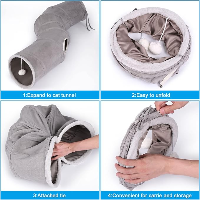 Ownpets S-Shape Cat Tunnel Toy 48"L x 10"D, for Cats, Puppies & Small Pets | Collapsible for storage, tear-resistant oxford fabric, connects to other tunnel, with peek hole, feather wand, indoor/outdoor - Image 6