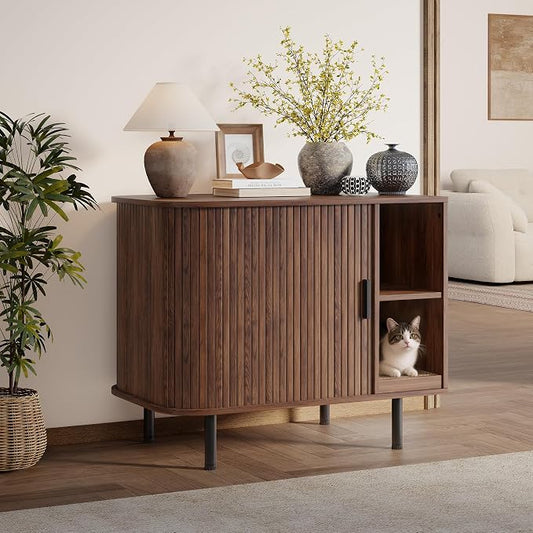 Cat Litter Box Enclosure with Scratch Pad, Large Hidden Litter Box Enclosure Furniture for self-Cleaning Litter Boxes, Sliding Door, Adjustable Shelf for Dog Proof, Modern Indoor Cat House, Walnut by OPERTION