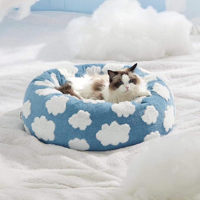 Lesure Shown on TV Donut Cat Beds for Indoor Cats - Small Round Dog Bed for Calming Pets as Gift with Washable Cover, Cute Modern Puppy Bed with Jacquard Shaggy Plush & Anti Slip Bottom, 20 Inch, Blue - Image 2