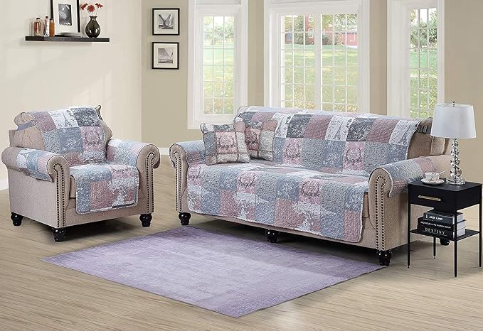 Brilliant Sunshine Latte Grey Paris & Toile Couch Cover, 70" seat | Non Slip Sofa Cover, Patchwork Design, Quilted Furniture Protector, Large Washable Slipcover for Pets, Dogs & Cats - Image 2