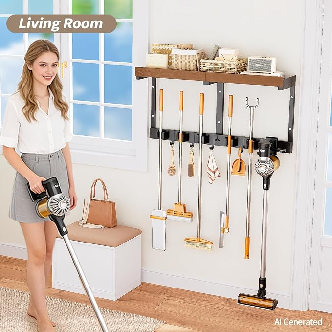 Broom and Mop Organizer Wall Hanging, Broom Hanger Holder Wall Mount | 3-in-1 mop and broom holder wall mount with 5 racks,5 hooks, storage shelf & vacuum organizer for garage,kitchen,laundry room - Image 7