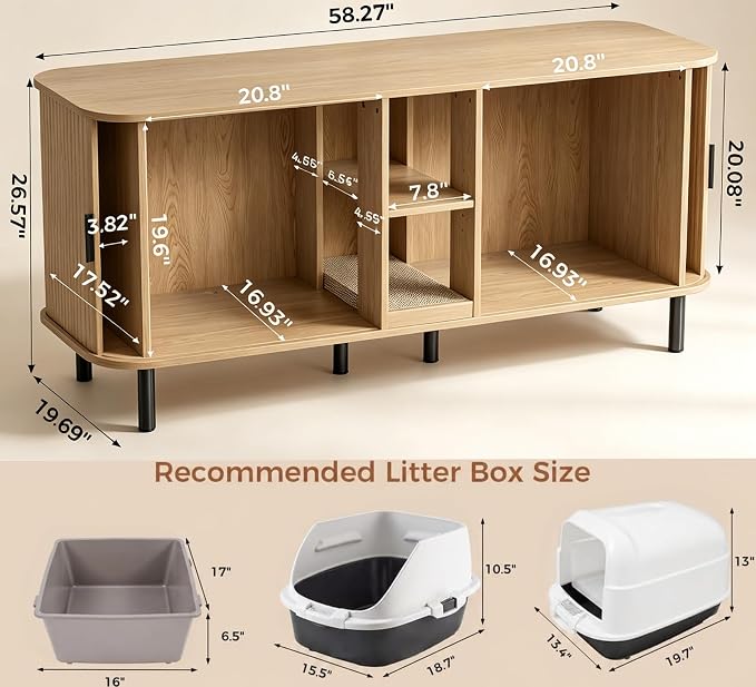 58" Double Cat Litter Box Enclosure, Large Hidden Litter Box Furniture for 2 Cats with Cat Scratch Pad, Wooden Modern Indoor Cat House with Double Room, TV Stand, Side Table, Natural - Image 2