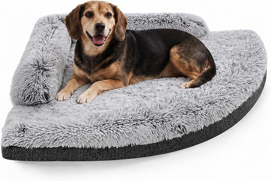 Corner Dog Bed Large, 36" Calming Fluffy Orthopedic Pet Beds, Grey | Space saving plush corner nest,egg-crate foam, washable cover, waterproof liner, non-slip bottom and bolsters for large dogs by Unknown
