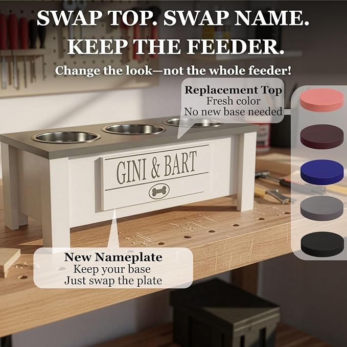 3 Bowl Dog Feeding Station, Personalized Triple Bowl Food Stand Medium Dogs | Farmhouse Style, Elevated Wood Stand, Storage Container, Stainless Steel Bowls, Raised Anti-Slip Feeder, Made in USA - Image 5