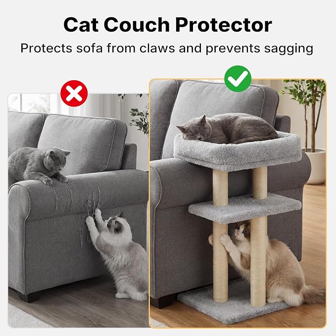 Veehoo Cat Perch with Cat Scratching Post, Couch Corner Protector for Cats | Tall Scratch Post with Cats Bed for Indoor Cats, Size S Fits 23"–24" High Sofa Armrest - Image 2