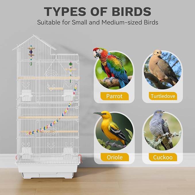 DWVO 62-inch Metal Bird Cage for Cockatiels, Parrots, Pigeons | Bird Cage for Cockatiels, Parrots, Pigeons, Lovebirds, Features Roof Access and Rolling Stand, White - Image 3