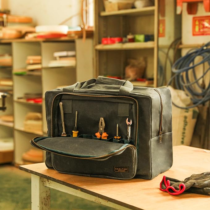 Tool Tote | Heavy Duty 16oz Waxed Canvas Tool Storage Bag - Portable 3 Pockets Tote Bag with Padded Handle& Metal Zipper, for Craftsman Gardener Carpenter Mechanic | 15.5"L x 7.5"W x 11.5"H - Image 6