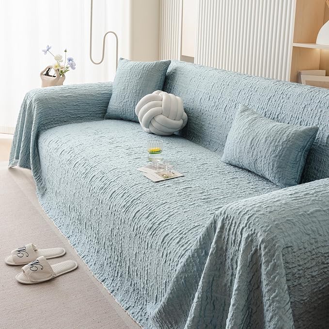 DREAMINGO Bubble Textured Cooling Sofa Cover, Ice Silk Breathable Couch Cover Blanket for Pet & Hot Sleepers, Washable Furniture Protector for 2 Cushion Couch, Sky Blue, Large 71"x118" - Image 7