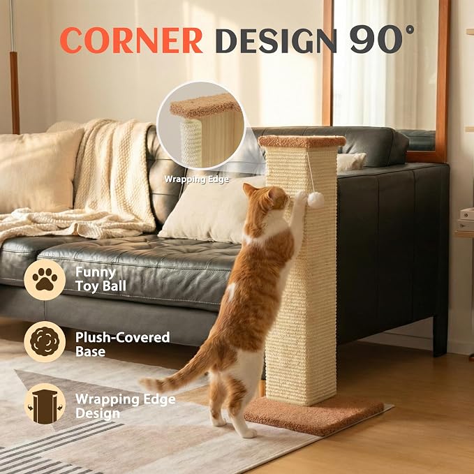 PETKARAY Couch Corner Cat Scratcher, 28.5" Sisal Scratching Post for Cats | Corner Wall Scratch Pad for Furniture Protection, Large Vertical Cat Scratching Post with Plush Base - Image 2