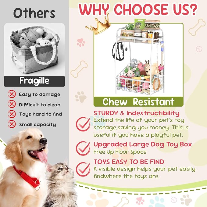 Kaiferty Indestructible Medium Dog Toy basket, Toy Box for Dogs,Pet Toys Bin Dog Metal Wire Basket for Toys, Food Storage, Storage Organizer Chest Storage, Toy Box for Living Room Area (White) - Image 2