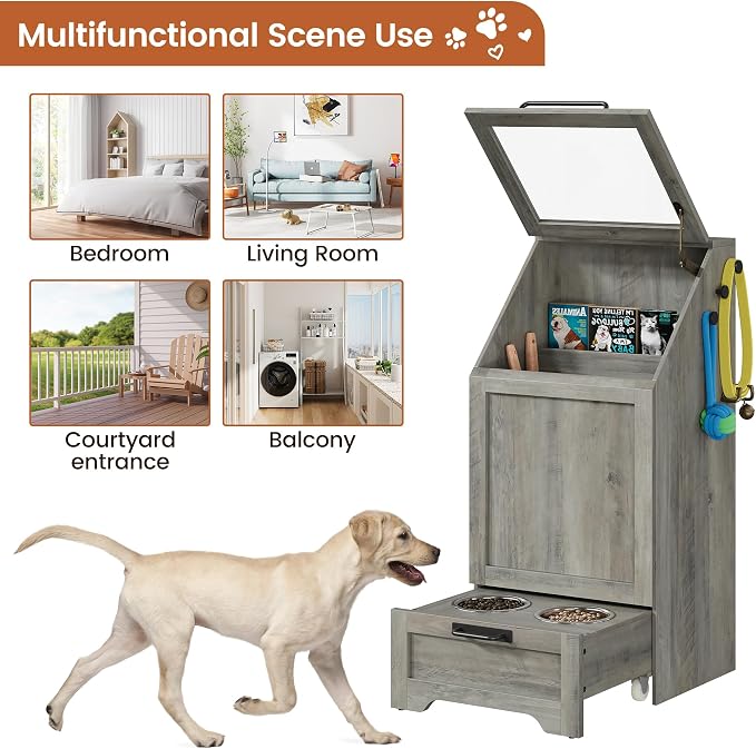 Dog Feeding Station with 2 Elevated Dog Bowls, Pet Feeding Station,Flip Top Pet Food Cabinet,Pet Food Container,Pet Toy Storage Organizer,Modern Storage Organizer,Grey - Image 7