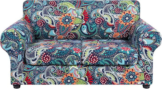 hyha Stretch Couch Cover, Sofa Covers for 2 Separate Cushion Couch Washable | Loveseat Cover, Floral Pattern, Printed, 3 Pieces, 2 Seater Furniture Protector with Elastic Bottom for Dogs, Pet Friendly by hyha