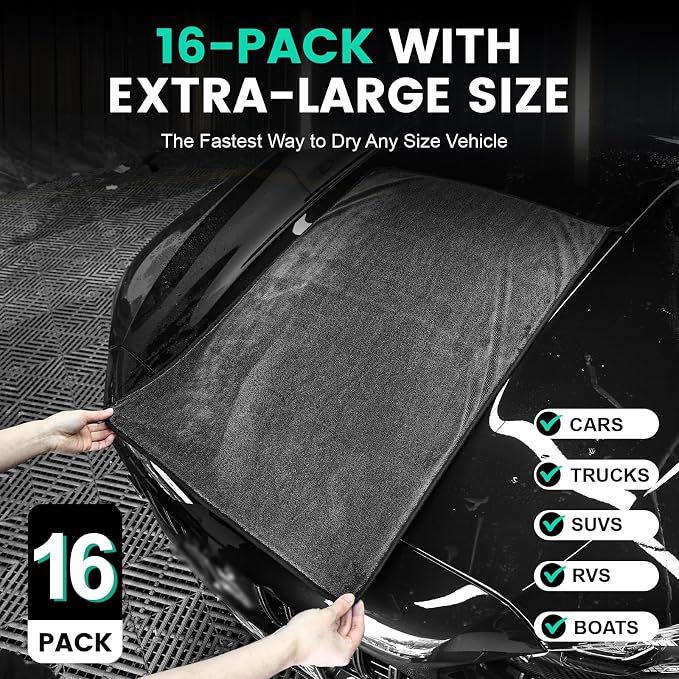 16 Pack Bulk Microfiber Towels for Cars, Microfiber Drying Towel, 35" x 24" | Extra-Large, Ultra-Absorbant Microfiber Drying Towel for Cars and Trucks, Super Absorbent Car Drying Towel, 600GSM - Image 2