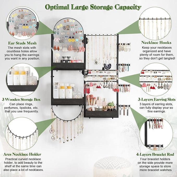 Keebofly Wall Mount Hanging Jewelry Organizer - Large Display Holder for Earrings, Rings, Necklaces, Bracelets, Watches and Perfume - Black - Image 2