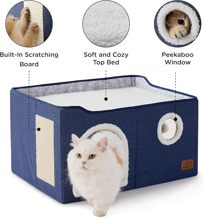 Bedsure Extra Wide Cat House Bed with Fluffy Ball and Scratch Pad,Blue | 23.6x16.9x13 in,Indoor Cat Cave for Multiple Pets, Foldable Cat Hideway Cube for Sleeping Large Cat and Kitten - Image 5