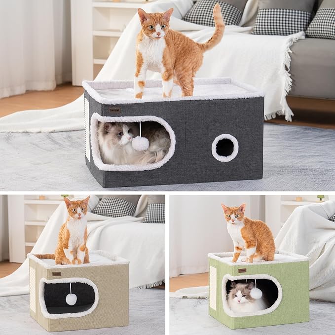 Garnpet Cat Bed for Indoor Cats Cube House, Covered Cat Cave Beds & Furniture with Scratch Pad and Hideaway Tent, Cute Modern Cat Condo for Multi Small Pet Large Kitten Kitty, Khaki - Image 3