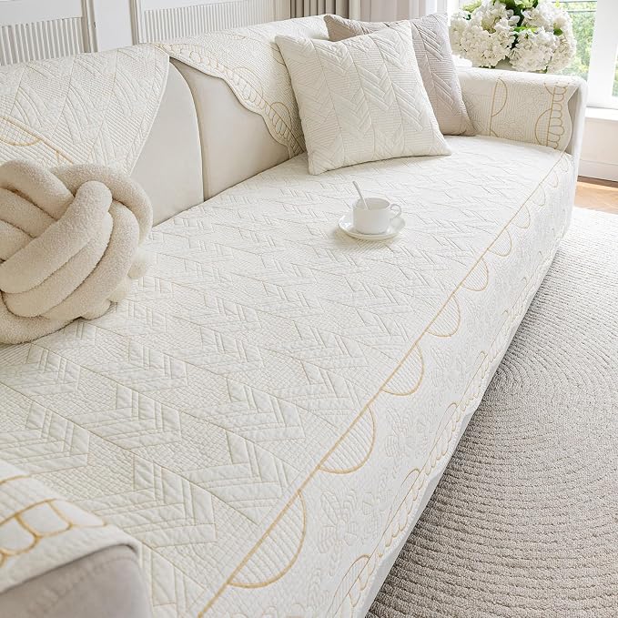 Cotton Quilted Pet Couch Covers for Sofa Farmhouse Rustic Floral Embroidery Sectional Couch Cover Soft Anti-Slip Sofa Slipcover Furniture Protector for Kids, Dogs, Pets (Cream,43"x63") - Image 6