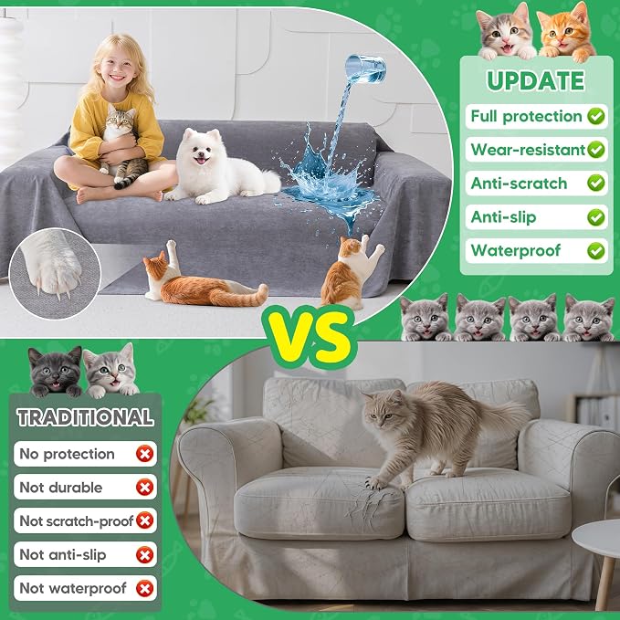 Loiion Cat Scratch Furniture Protector - Anti-Slip, Waterproof Sofa Cover to Keep Cats Off, Pet-Friendly Couch Protectors for Sofa, Gray Anti-Scratch Couch Cover for Pets and Kids 102"X71" - Image 7