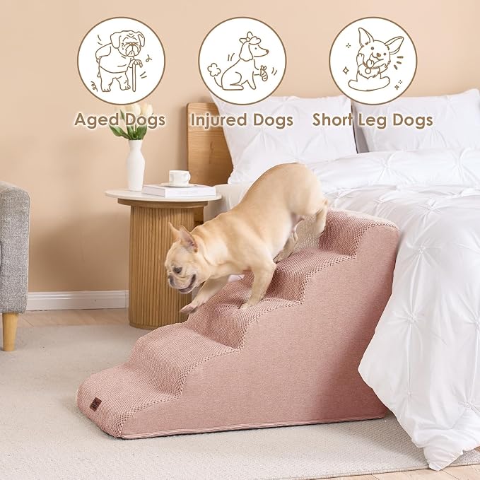 EHEYCIGA Curved Dog Stairs Ramp for High Beds 22.6" H, 5-Step Dog Steps for Small Dogs and Cats, Pet Stairs for High Bed Climbing, Non-Slip Balanced Pet Step Indoor, Dusty Pink - Image 4