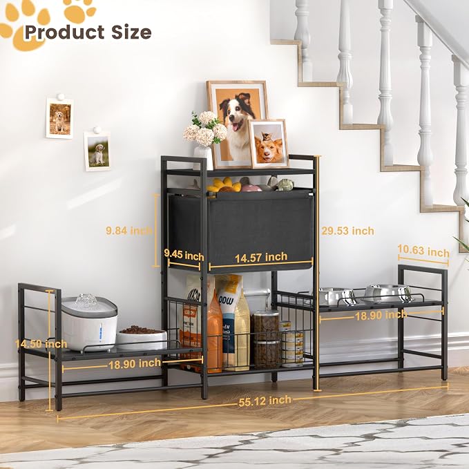 Elevated Dog Bowl Stand with 2 Feeding Stations, Adjustable Raised Feeding Station Cabinet with Toy Bin Basket, Lifted Food and Water Bowl Holder, Pet Storage Organizer for Large Medium Small Dogs - Image 6