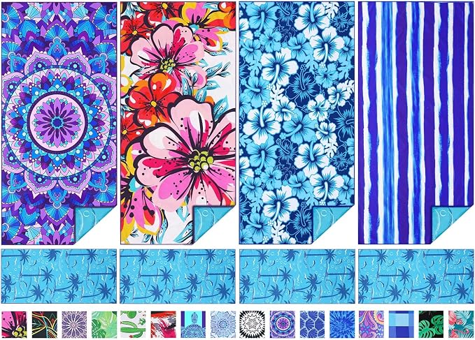 TwoYek Microfiber Beach Towels Extra Large 71x32 inches 4 Pack Bulk | Thin & Lightweight, Sand Free, Super Absorbent & Quick Dry, Oversized Towels for Beach Bath Pool Swim Travel Essentials Gift by TwoYek