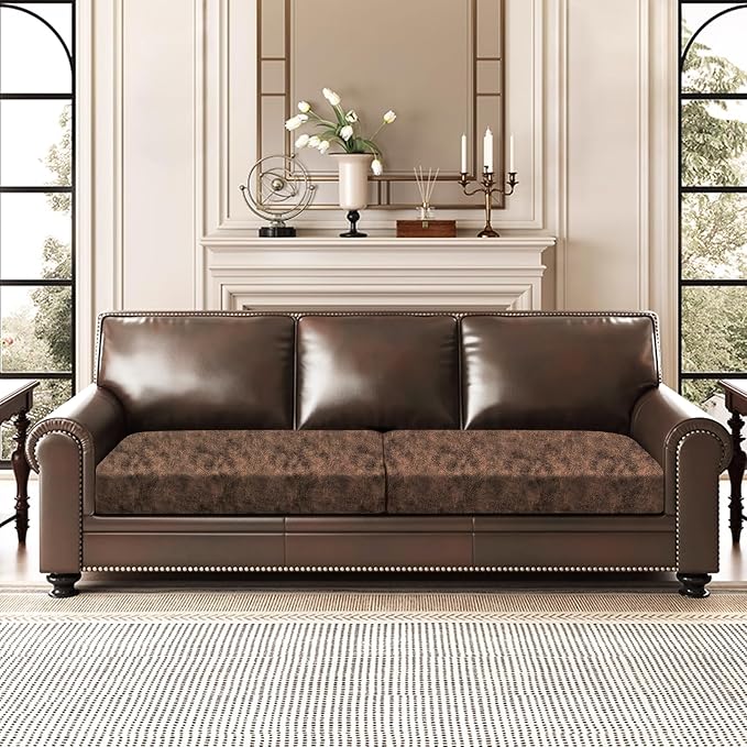 ANARACHON Leather Look Couch Cushion Covers Sofa Seat Slipcovers Sets Couches Furniture Protector for Sectional Armchair Loveseat Pets Kids Stretch Spandex Fabric (2 Cushion Sofa, Dark Brown) - Image 2