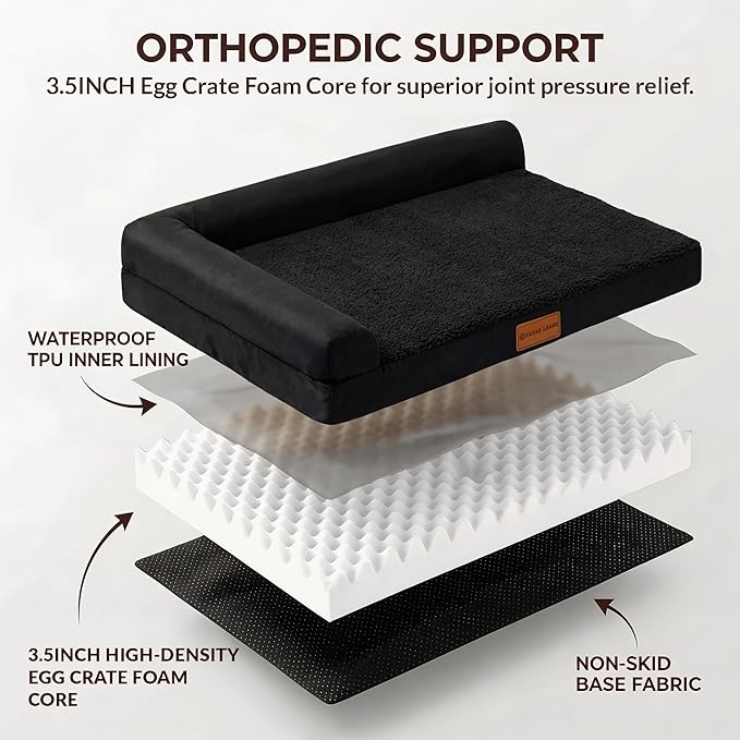Patas Lague Orthopedic Large Dog Bed Pet Sofa Beds 42''X28''Black | L Bolster Egg-Crate Foam Dog Couch For Large Sized Dogs, Waterproof Removable Washable Cover, Pet Mat with Nonskid Bottom - Image 4