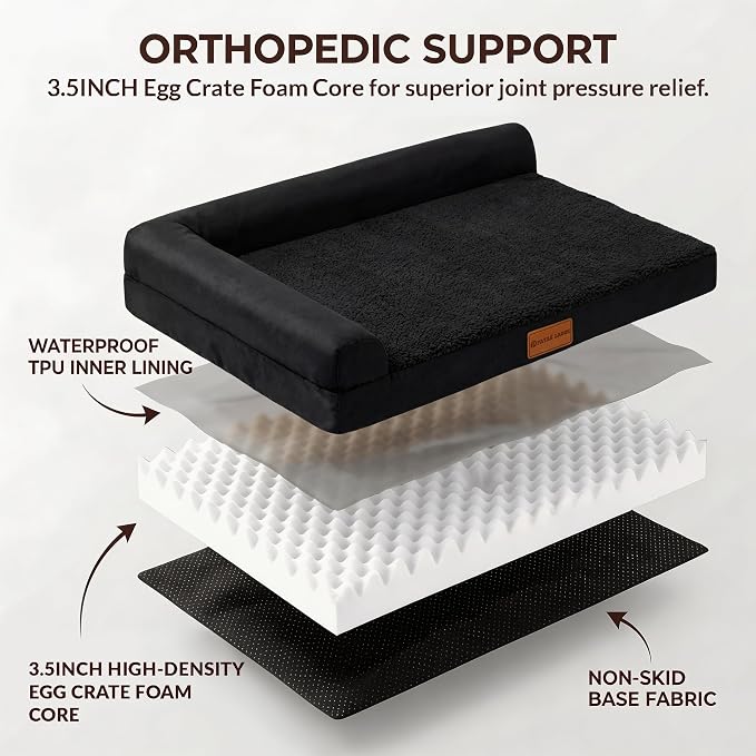Patas Lague Orthopedic Medium Dog Bed Pet Sofa Beds 30''X20''Black | L Bolster Egg-Crate Foam Dog Couch For Medium Dogs, Waterproof Removable Washable Cover, Pet Mat with Nonskid Bottom - Image 4
