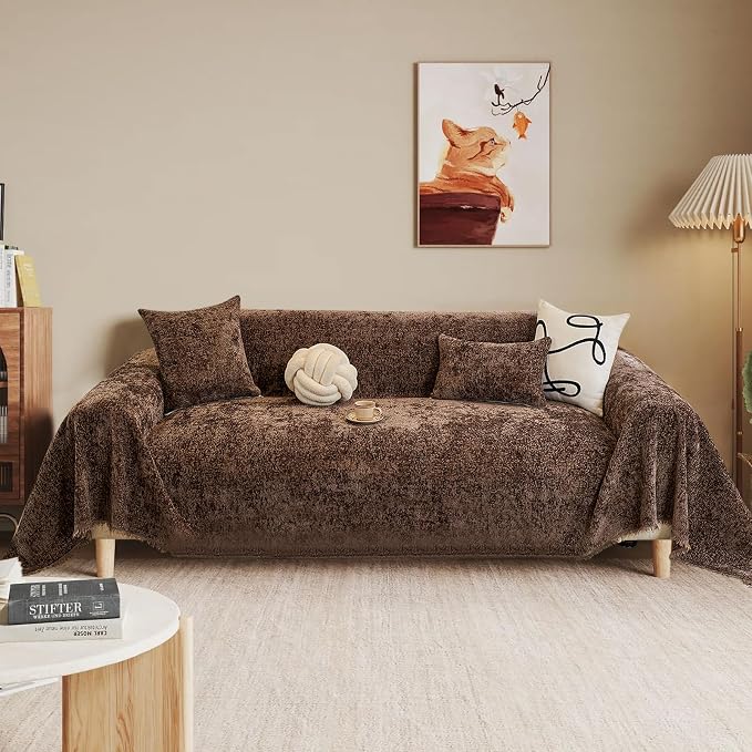 Brown Slub Chenille Couch Cover Slub Sofa Cover XXL 71"x150" | for Sectional Sofa, Thick Long-Lasting Slipcover for Dog Pet Solid Chocolate Brown Furniture Protector 3 Cushion Sofa Cover by TOYROOM