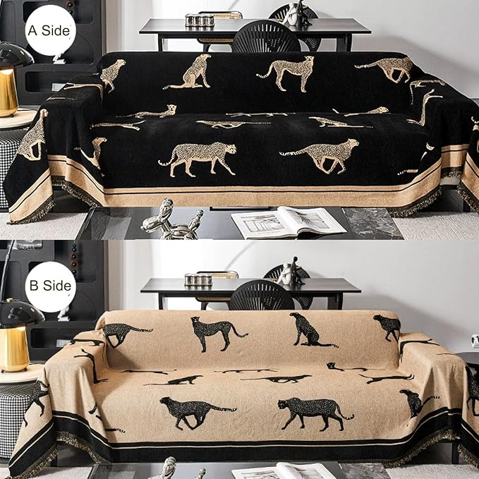 Chenille Sofa Cover with Tassels, Non-Slip Couch Cover for Seat Sofas, Washable Furniture Protector for Pets & Kids, Modern Leopard Pattern Chenille Blanket (Black, 71"x134") - Image 3