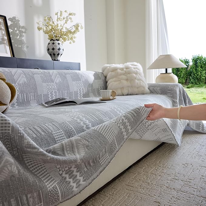 DREAMINGO Vintage Patchwork 3-Layer Gauze Geometric Jacquard Sofa Cover, Farmhouse Couch Cover Blanket for 3 Seater, Living Room Washable Furniture Protector, Light Grey, 91"x150" - Image 4
