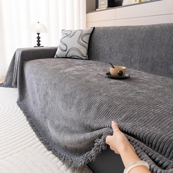 DREAMINGO Modern Minimalist Sofa Covers Washable Pet Furniture Protector Couch Cover for Dogs Cozy Chenille Couch Cover Blanket Stripe Textured Sectional Couch Slipcovers (XX-Large, Dark Grey) - Image 4