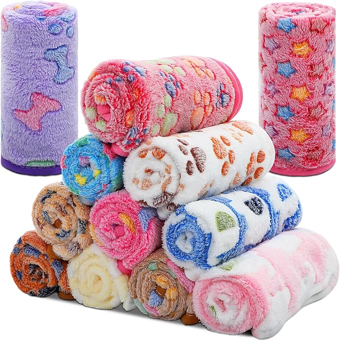 Tatuo 12 Pieces 20 x 30 Inch Dog Blanket Super Soft Warm Cat Sleep Mat Pet Kitten Doggy Fluffy Fleece Blankets with Cute Dog Paw Bone Star Elephant Patterns Printed Fluffy Blanket for Small Cat Puppy by Tatuo
