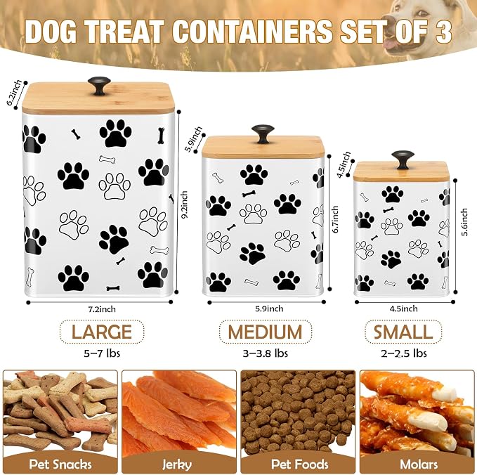 Reallnaive Airtight Dog Treat Container Set of 3 with Bamboo Lids Metal Treat Jars for Countertop Decorative Pet Snack Food Storage Canister Kitchen Biscuit Holder(White) - Image 2