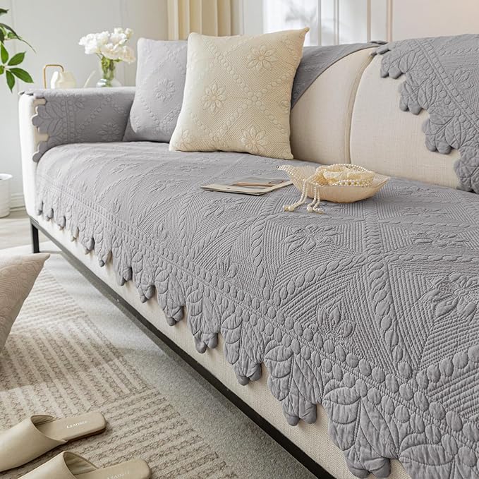 Cotton Quilted Dog Couch Cover for Sofa Farmhouse Rustic Embroidery Sectional Couch Cover Soft Anti-Slip Sofa Slipcover Furniture Protector for Kids, Pets (Grey,36"x70") by WelcometoXSlive