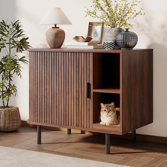 Cat Litter Box Enclosure with Scratch Pad, Large Hidden Litter Box Enclosure Furniture for self-Cleaning Litter Boxes, Sliding Door, Adjustable Shelf for Dog Proof, Modern Indoor Cat House, Walnut - Image 8