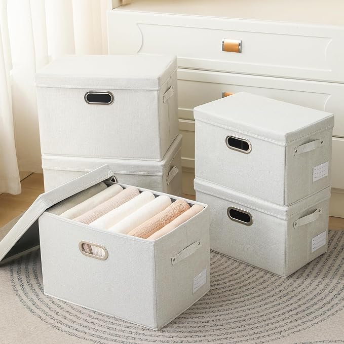 PRANDOM Large Collapsible Storage Bins with Lids [3-Pack] Fabric Foldable Storage Boxes Organizer Containers Baskets Cube with Cover for Home Bedroom Closet Office Beige(17.3x11.8x11.8) - Image 2