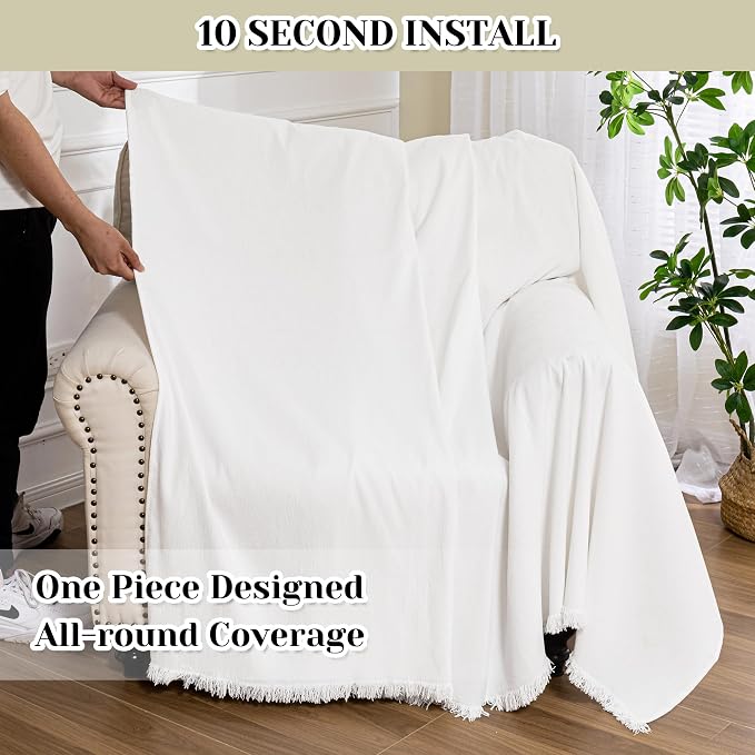 MEETSKY Oversized Chair Covers White Couch Cover Washable Armchair Slipcover Single Couch Cover for Dogs Pets, Recliner Cover 1 Cushion Couch Chenille Couch Protector with Tassel, 71"x 91" - Image 6
