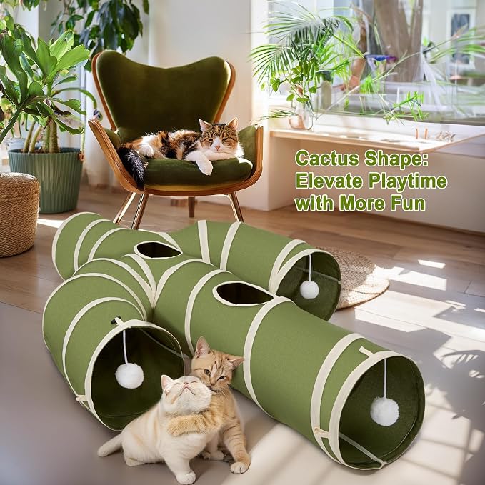 Ownpets Cat Tunnel Cactus-Shaped, Sturdy Oxford Fabric Collapsible Cat Tunnels for Indoor Cats,Interactive Peek Hole Pet Tunnel Tube with Cat Wand Toy, Green - Image 3
