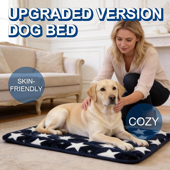Washable Dog Bed Mat With Anti-Slip Bottom, Deluxe Plush Memory Foam Crate Pad & Waterproof Outdoor Kennel Mat For Dogs & Cats-Durable Crates Beds, Large Medium Small Puppy Size 36" x 24",Blue - Image 2