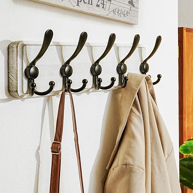 Dseap Coat Rack Wall Mounted - 5 Tri Hooks, Heavy Duty, Wooden Wall Coat Hanger Coat Hook for Clothes Hat Jacket Clothing, White & Black - Image 8