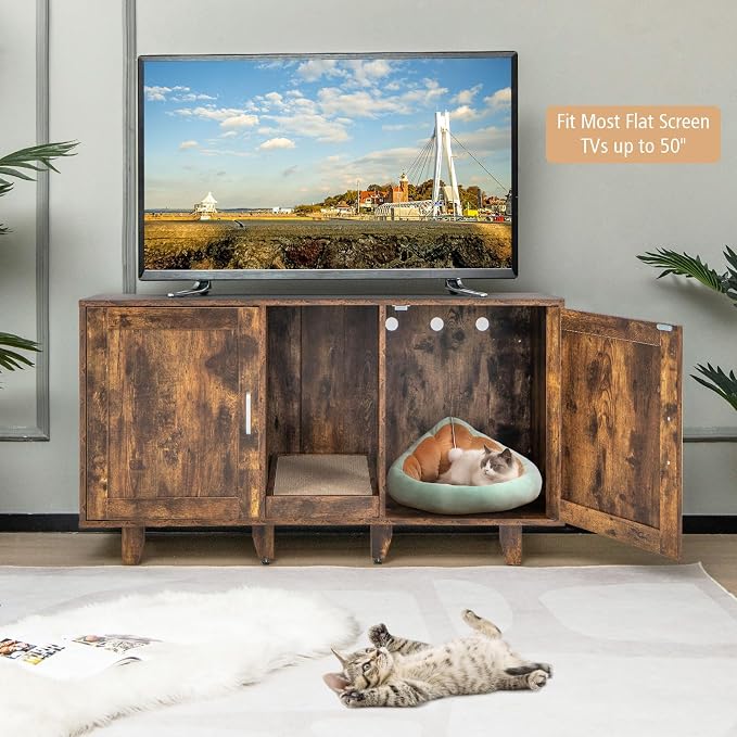 Tangkula Patented Double Cat Litter Box Enclosure for 2 Cats, Large Stackable Hidden Privacy Cat Washroom Cabinet with Scratching Board, Indoor Cat House TV Stand, Litter Box Furniture (Rustic Brown) - Image 7