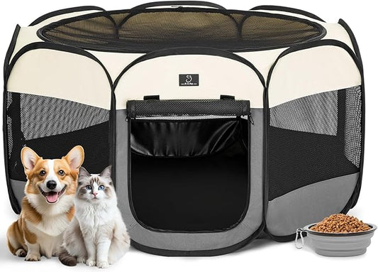 Portable Indoor Dog Playpen for Small Dogs & Puppies by A 4 Pet – 40.55" Pop-Up Soft Puppy Playpens with Bowl, Waterproof Floor, Calm Safe Space for Home, Travel & Daily Use