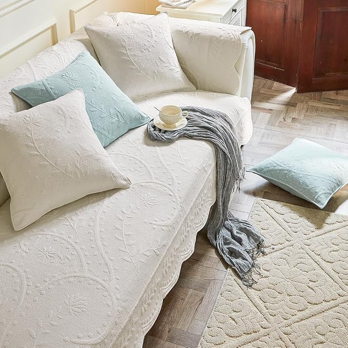 Leaf Floral Cotton Quilted Dog Couch Cover for Sofa Farmhouse Rustic Embroidered Sectional Couch Cover Soft Anti-Slip Sofa Slipcover Furniture Protector for Kids, Pets (White,28"x82") - Image 3