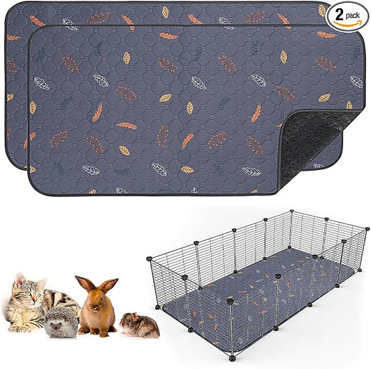 Sunheir 2 Pack Washable Guinea Pig Pee Pads, 24" x 48" Waterproof Reusable Guinea Pig Cage Liners, Absorbent Bedding Training Mat for Small Animal Guinea Pigs Rabbit Bunny Hamster (Leaves - Deep Grey) by SUNHEIR