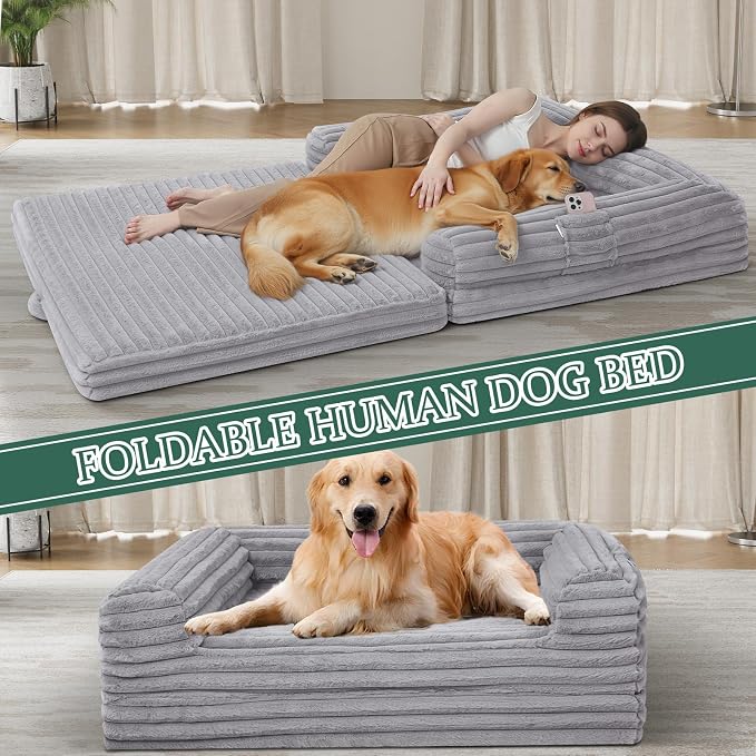 Human Dog Bed for Adults, Foldable Human Size Dog Bed | 2-in-1 Large Pet Sofa with Bolster, Orthopedic Egg Crate Foam, Calming Fluffy Pet Couch, Removable Cover, 71"x43"x10", Black - Image 3