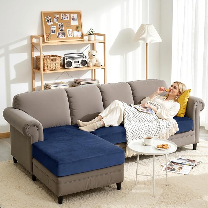 CHUN YI Velvet Couch Cushion Covers, 4 PC Water Resistant Sectional Couch Covers for L Shape Sofa, Individual Seat Cushion Protector for Pets (3 Seater + 1 Chaise, Navy Blue) - Image 6